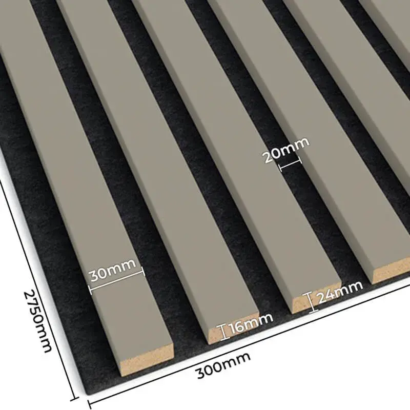 Dimension diagram of a panel with cashmere-coloured slats on black felt: width 300 mm, length 2750 mm, thickness 24 mm.
